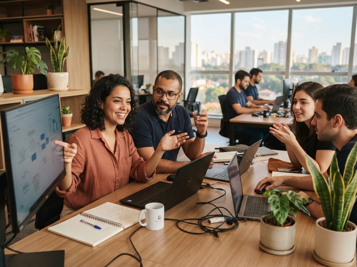 Iplexpro — equipe analisando dados de investimento em ambiente de trabalho